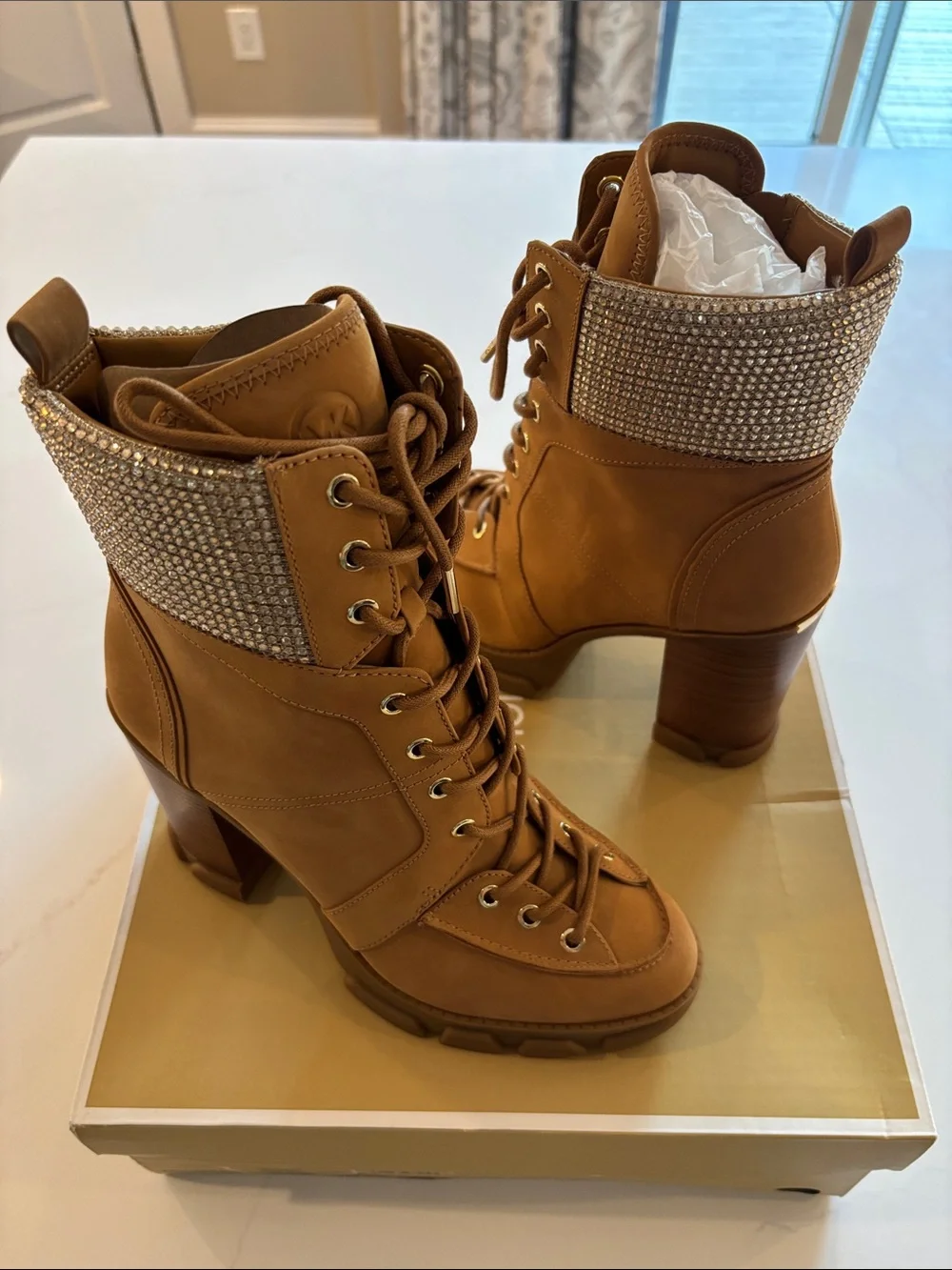 Michael Kors Tan Lace-Up Block Heel Boots with Jeweled Cuff
